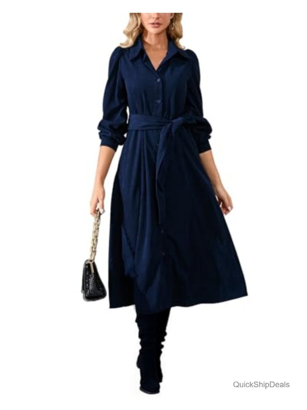 Women's Corduroy Midi Dress Long Sleeve Pockets A-Line V-Neck